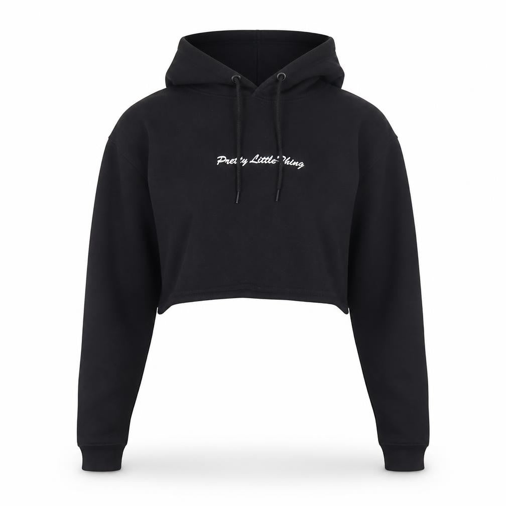 Front view of PRETTYLITTLETHING women’s black cropped hoodie, size S, pullover drawstring