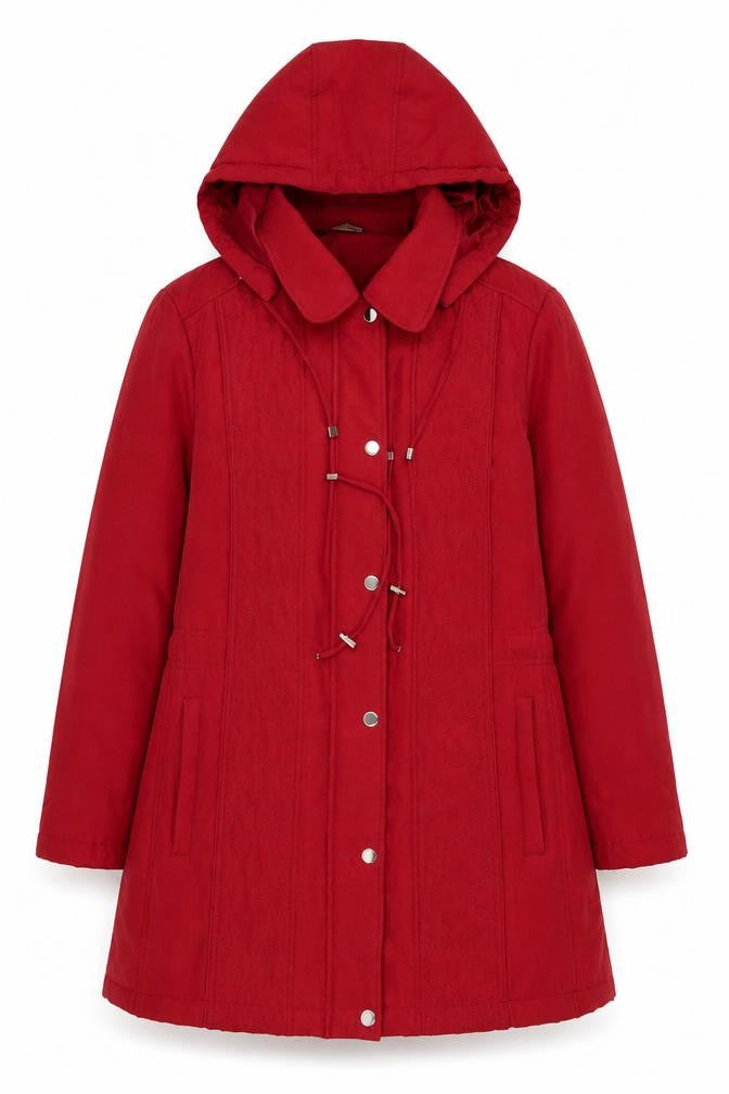 Front view of Bonmarché Women's Red Hooded Mid-Length Parka Coat, size 16