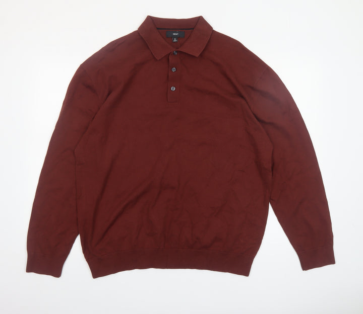 Next Mens Brown XL Collared Henley Cotton Knit Jumper