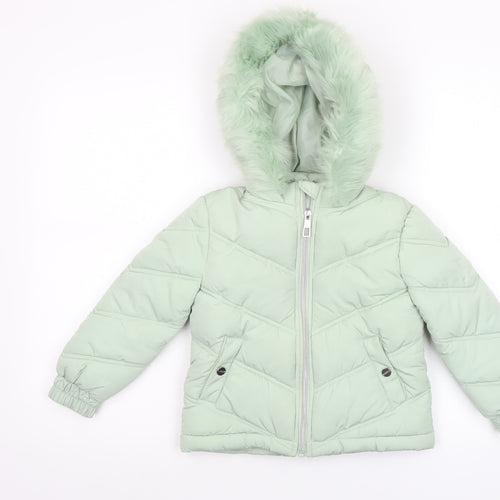 Lipsy London Girls Green Hooded Puffer Jacket 6 Years Faux Fur Trim