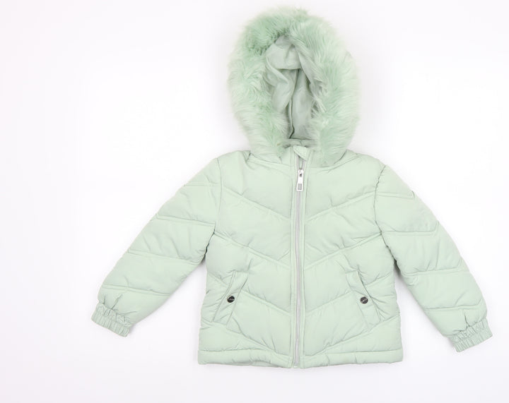 Lipsy London Girls Green Hooded Puffer Jacket 6 Years Faux Fur Trim