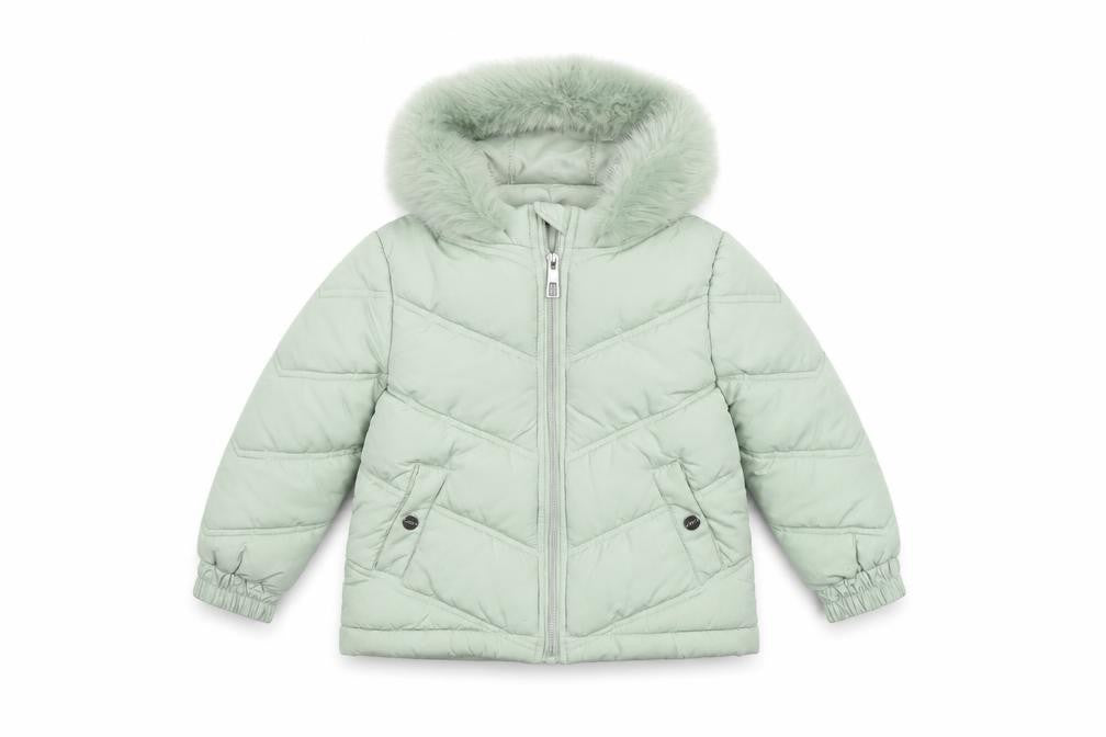 Lipsy London Girls Green Hooded Puffer Jacket 6 Years Faux Fur Trim