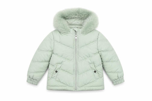 Lipsy London Girls Green Hooded Puffer Jacket 6 Years Faux Fur Trim