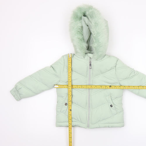 Lipsy London Girls Green Hooded Puffer Jacket 6 Years Faux Fur Trim