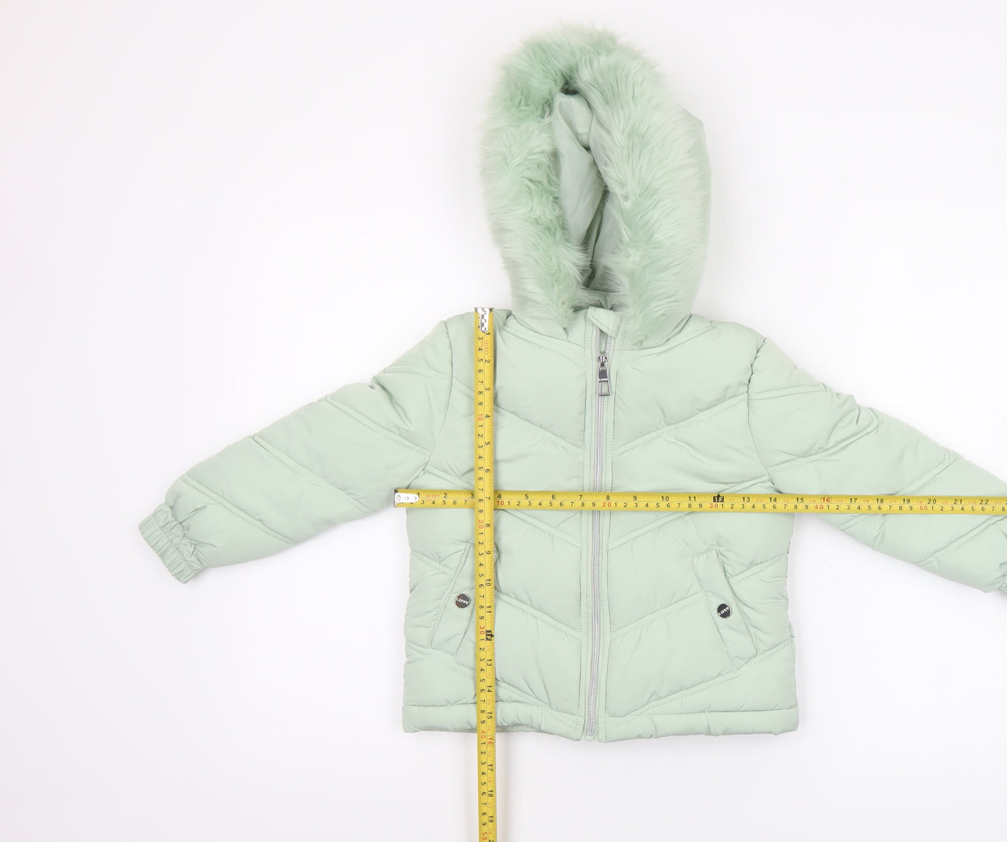 Lipsy London Girls Green Hooded Puffer Jacket 6 Years Faux Fur Trim