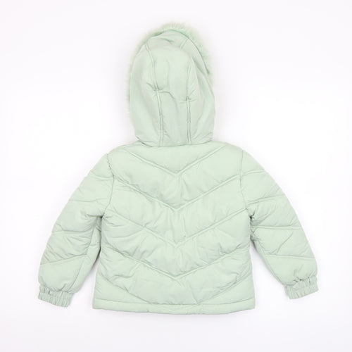 Lipsy London Girls Green Hooded Puffer Jacket 6 Years Faux Fur Trim
