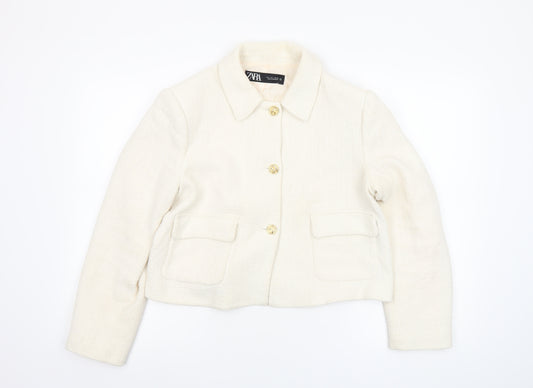 Zara Women Ivory Bouclé Cropped Blazer Jacket Size L Classic Style