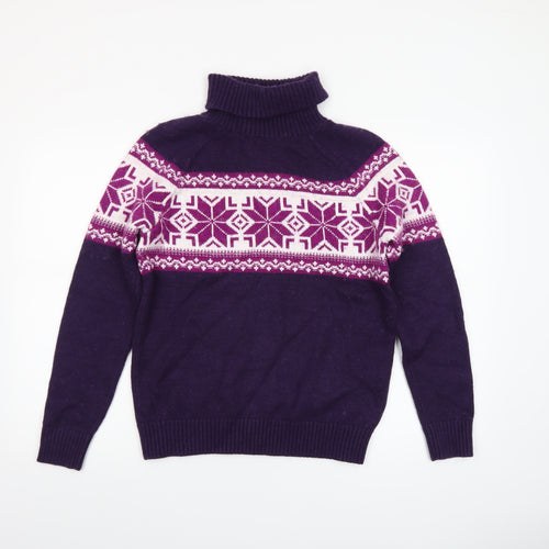 Lands' End Women's Purple Fair Isle Roll Neck Jumper Size M