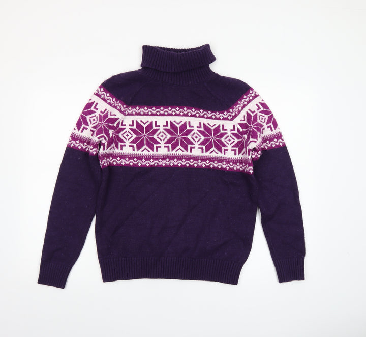 Lands' End Women's Purple Fair Isle Roll Neck Jumper Size M