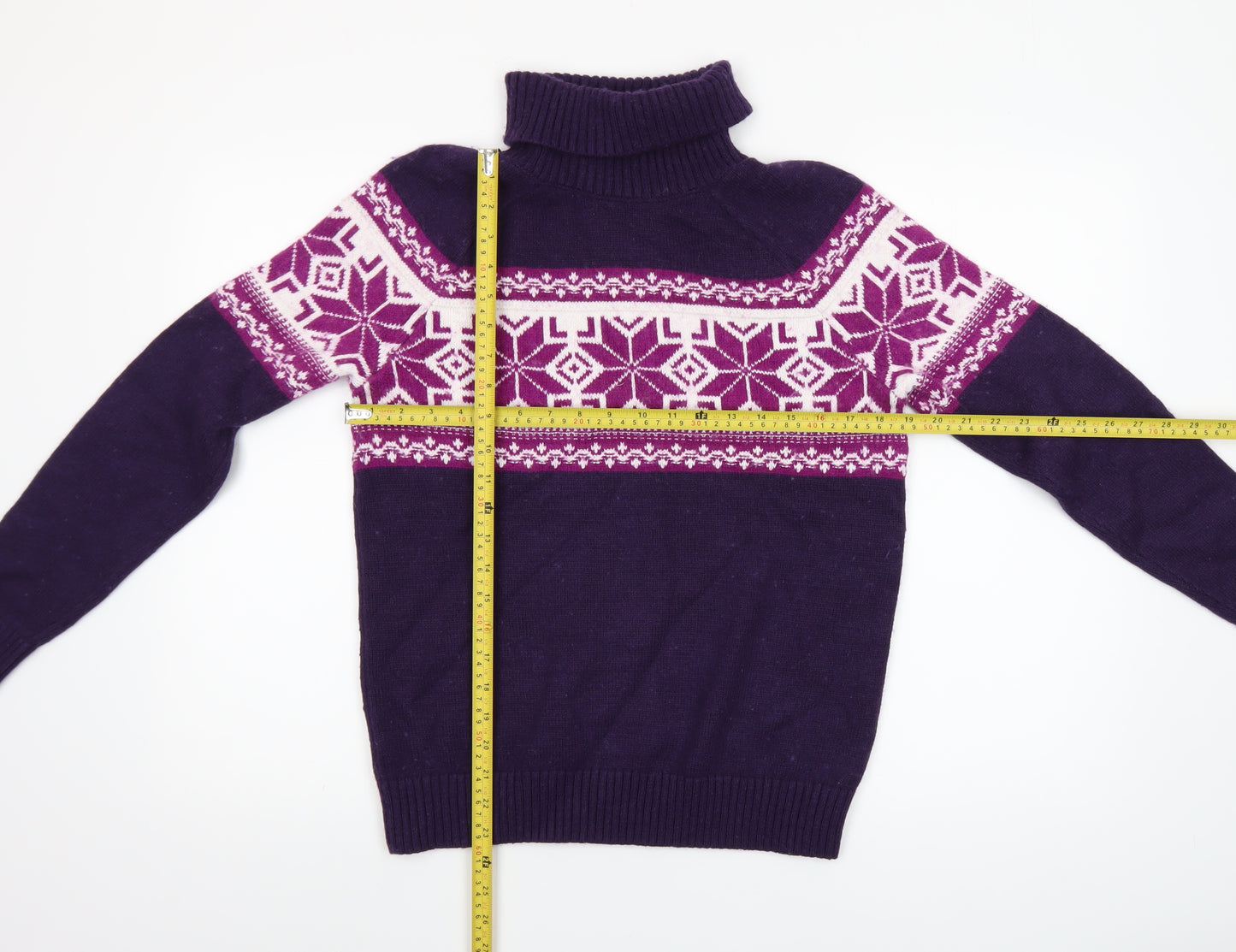 Lands' End Women's Purple Fair Isle Roll Neck Jumper Size M