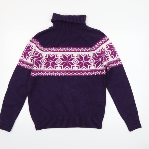 Lands' End Women's Purple Fair Isle Roll Neck Jumper Size M