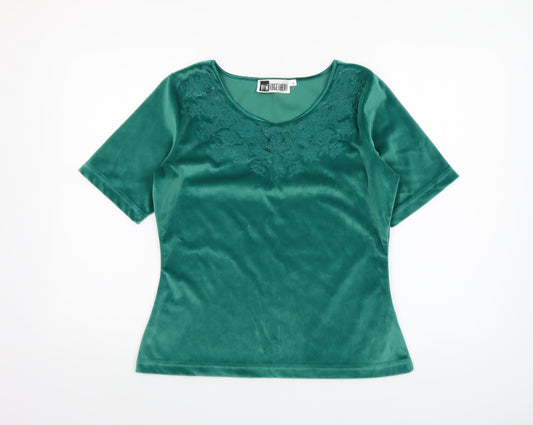 Together Women’s Green Velvet Embroidered Scoop Neck Short Sleeve Blouse Size 12