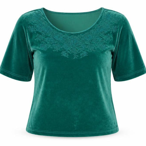 Together Women’s Green Velvet Embroidered Scoop Neck Short Sleeve Blouse Size 12
