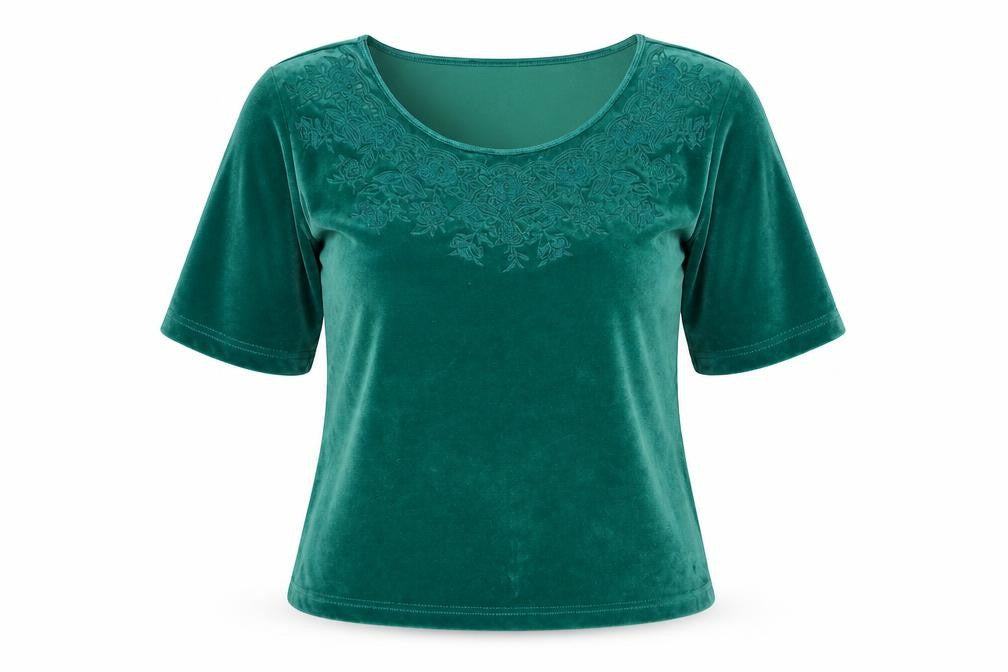 Together Women’s Green Velvet Embroidered Scoop Neck Short Sleeve Blouse Size 12