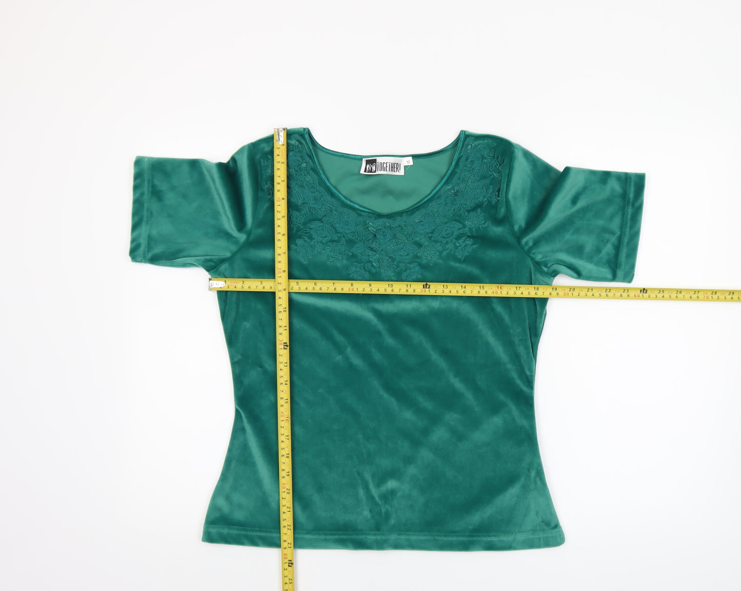 Together Women’s Green Velvet Embroidered Scoop Neck Short Sleeve Blouse Size 12