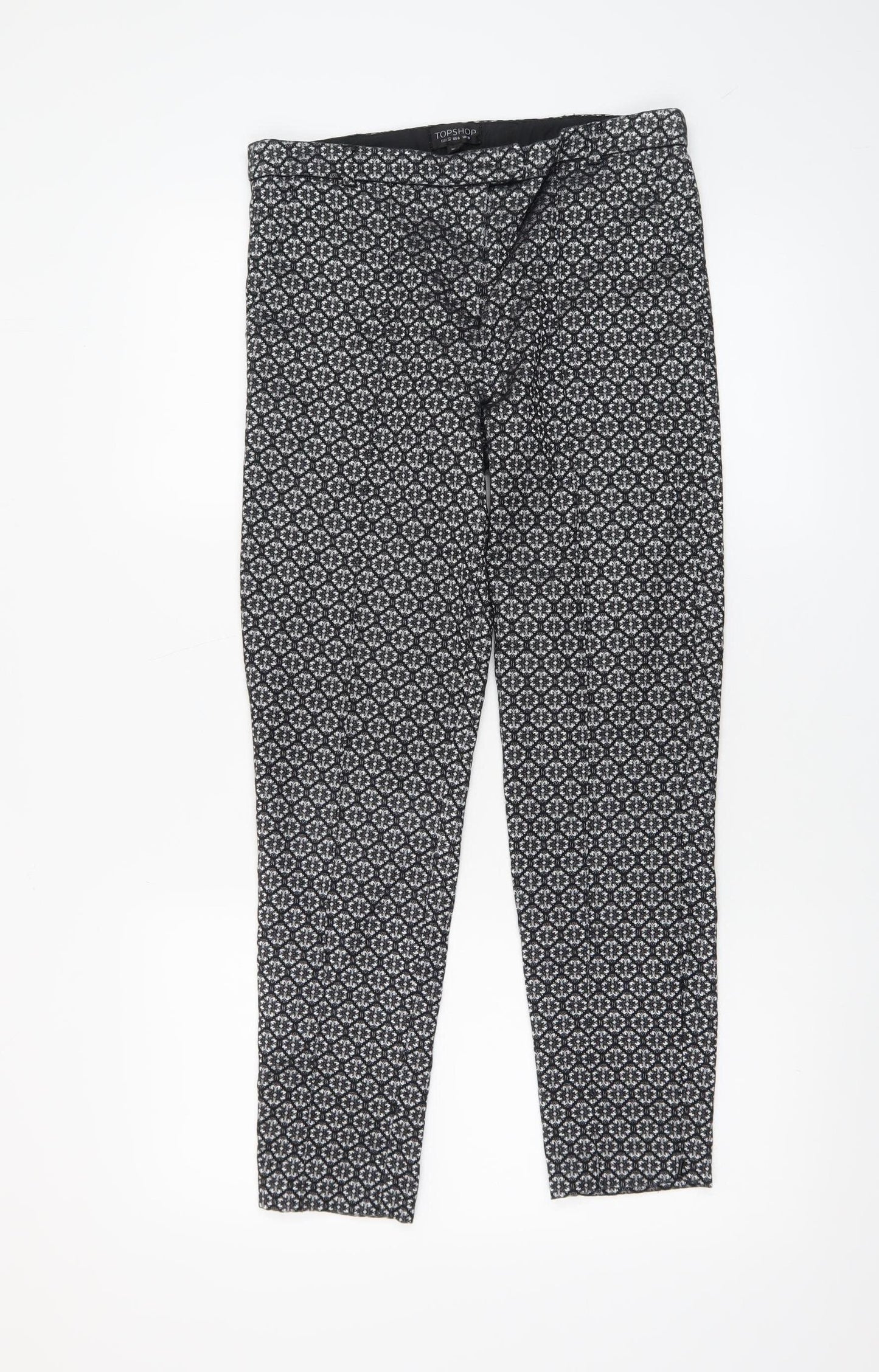Topshop Women's Black Geometric Jacquard Slim Tapered Trousers Size 10