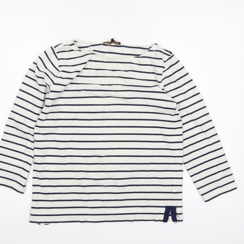 Jaeger Women White Navy Striped Cotton Boat Neck Long Sleeve Top S