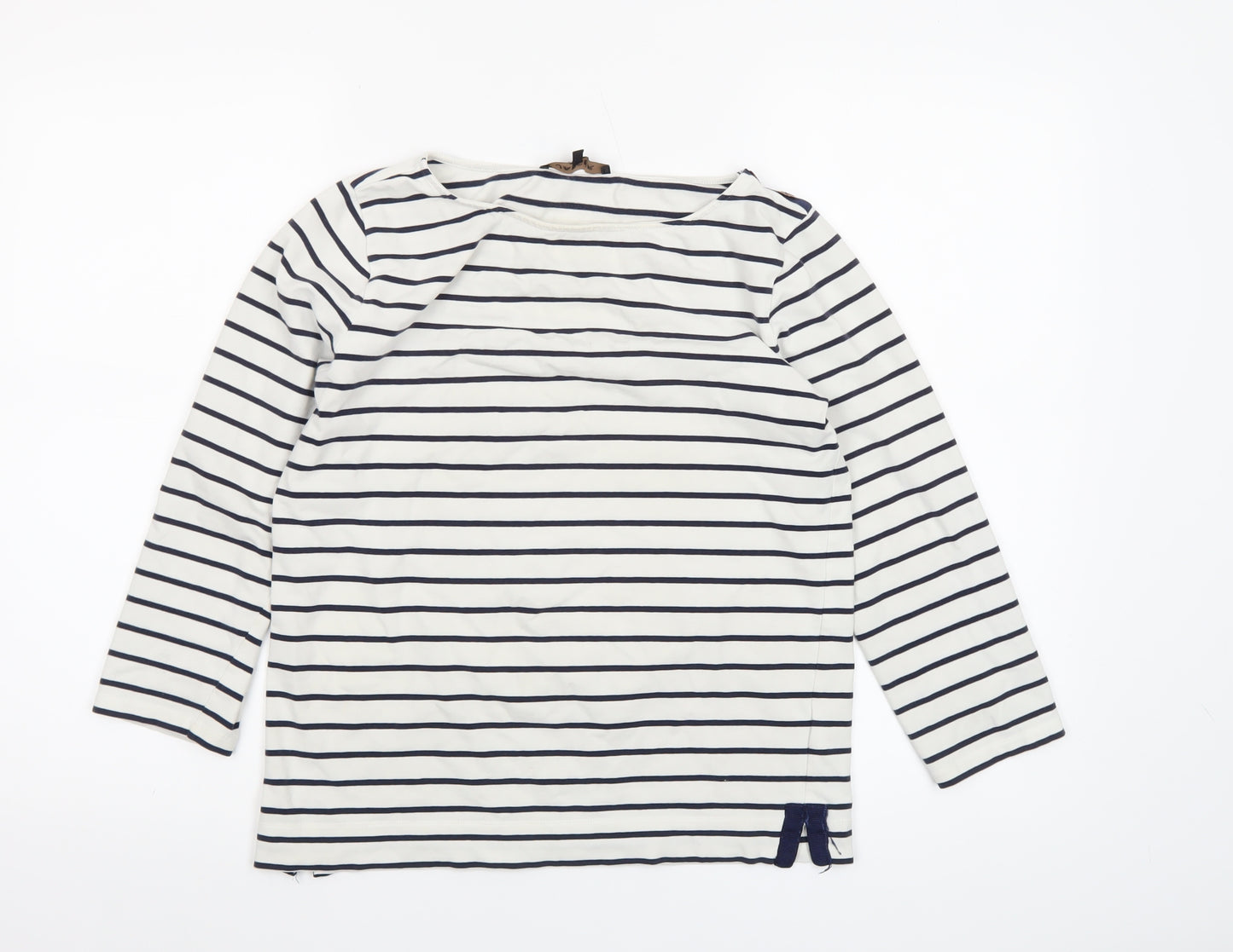 Jaeger Women White Navy Striped Cotton Boat Neck Long Sleeve Top S