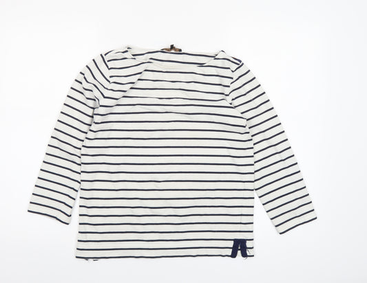 Jaeger Women White Navy Striped Cotton Boat Neck Long Sleeve Top S