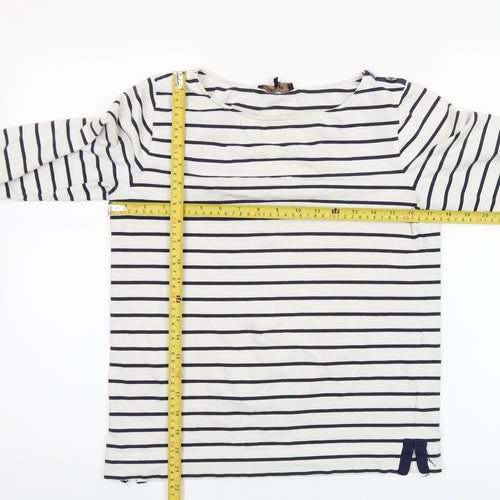 Jaeger Women White Navy Striped Cotton Boat Neck Long Sleeve Top S