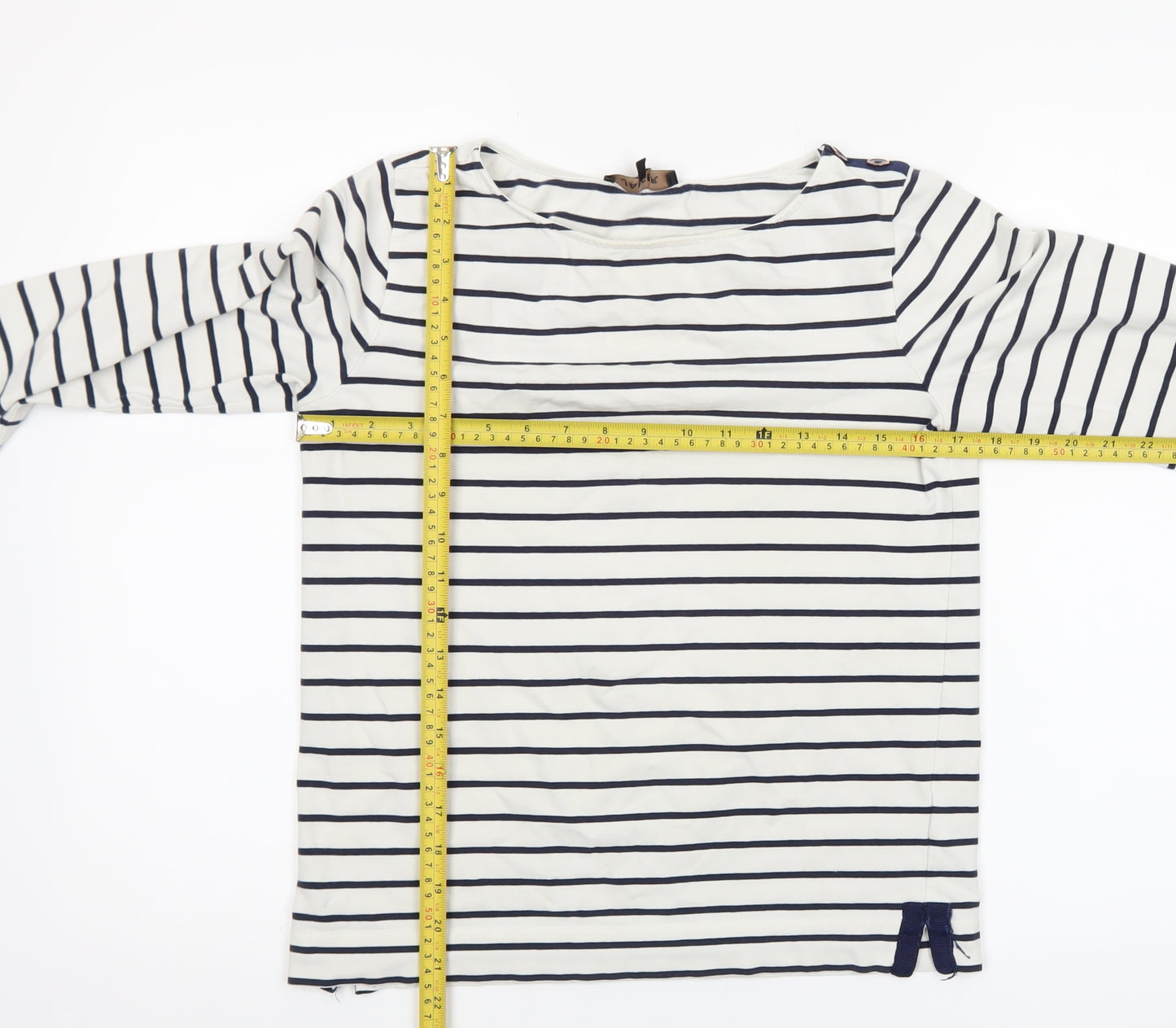 Jaeger Women White Navy Striped Cotton Boat Neck Long Sleeve Top S