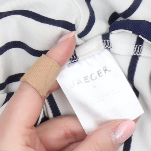 Jaeger Women White Navy Striped Cotton Boat Neck Long Sleeve Top S