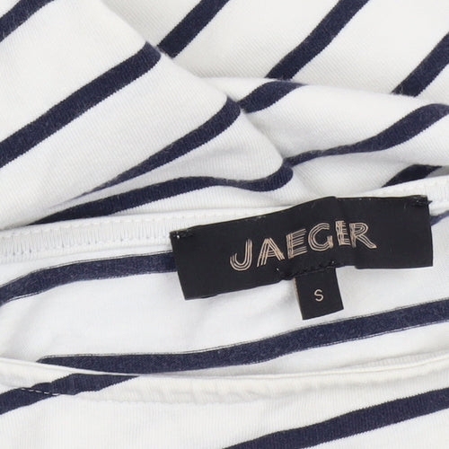 Jaeger Women White Navy Striped Cotton Boat Neck Long Sleeve Top S