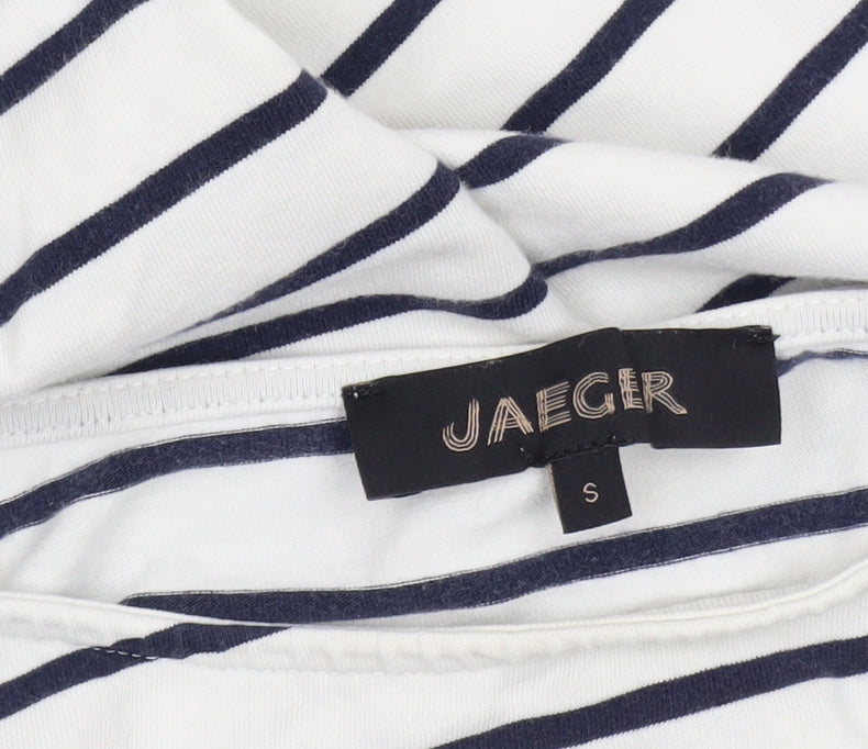 Jaeger Women White Navy Striped Cotton Boat Neck Long Sleeve Top S