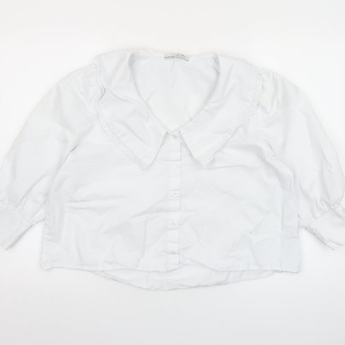 Pull & Bear Women's White Cotton Collared Cropped Blouse L