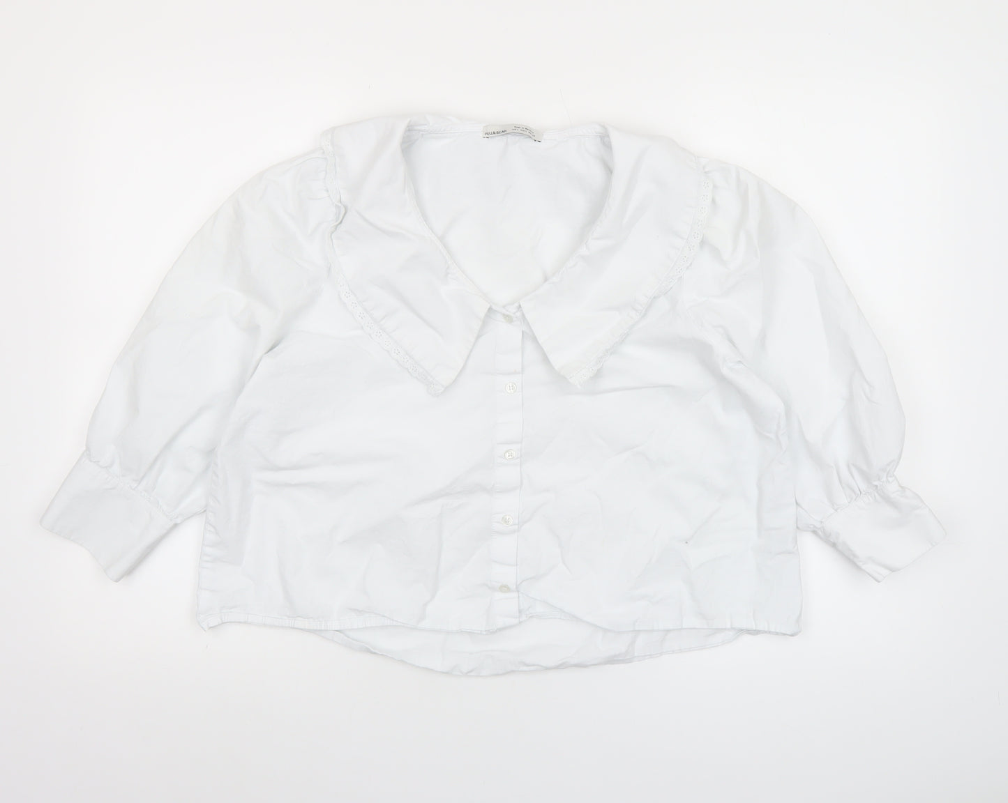 Pull & Bear Women's White Cotton Collared Cropped Blouse L