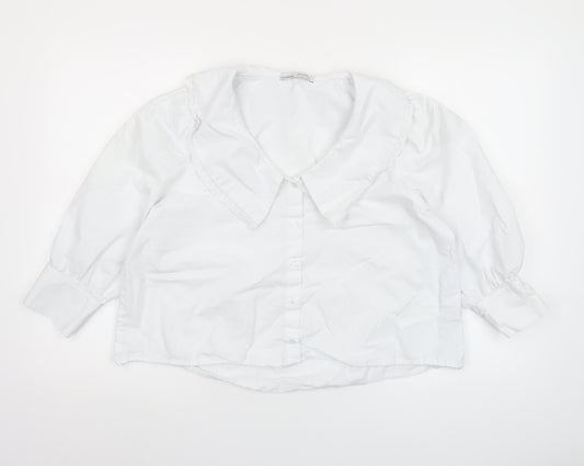 Pull & Bear Women's White Cotton Collared Cropped Blouse L