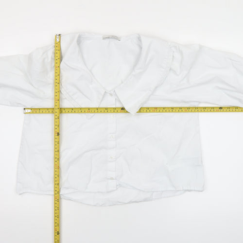 Pull & Bear Women's White Cotton Collared Cropped Blouse L