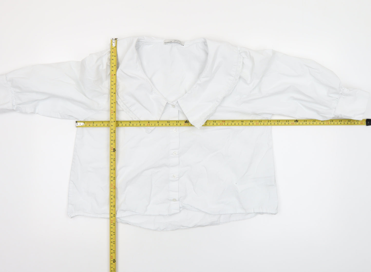 Pull & Bear Women's White Cotton Collared Cropped Blouse L
