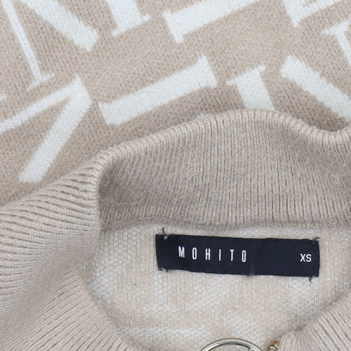 Mohito Women's Beige XS Full Zip Knit Jumper with Logo Design