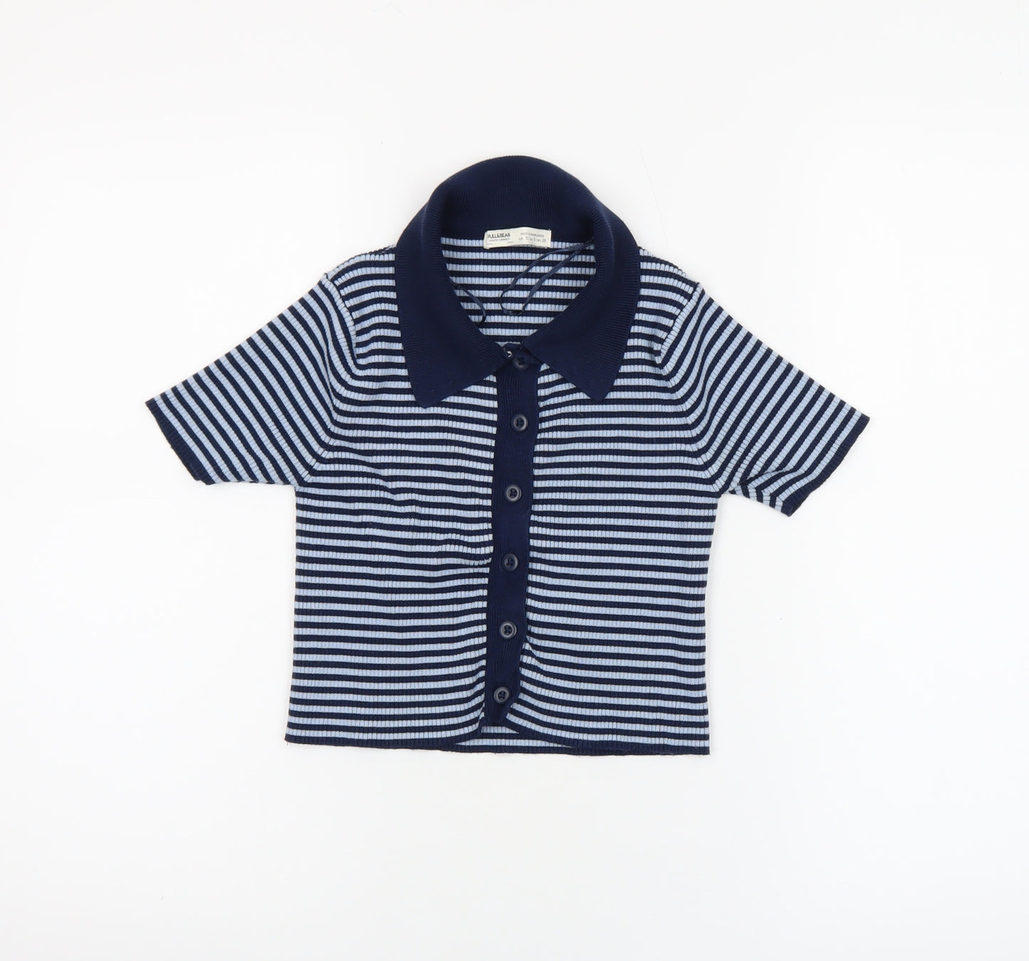 Pull&Bear Women's Blue Striped Cropped Button-Up Polo Top Size S