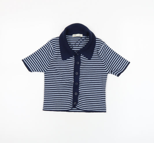 Pull&Bear Women's Blue Striped Cropped Button-Up Polo Top Size S