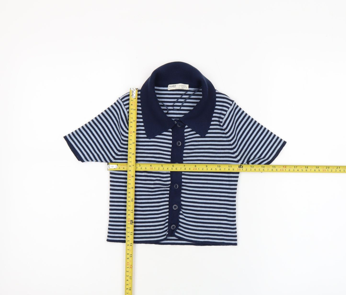 Pull&Bear Women's Blue Striped Cropped Button-Up Polo Top Size S