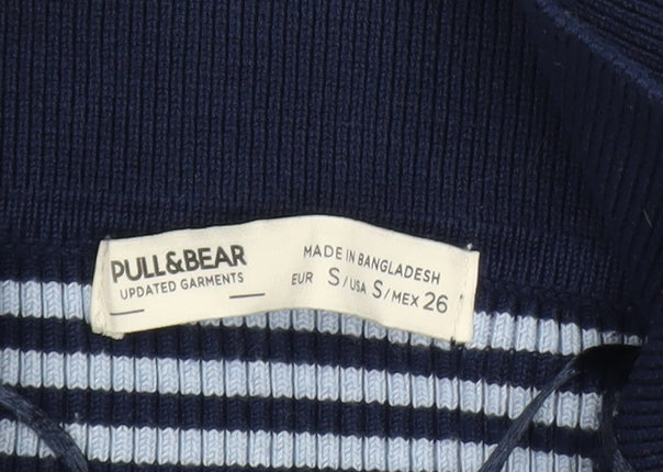 Pull&Bear Women's Blue Striped Cropped Button-Up Polo Top Size S