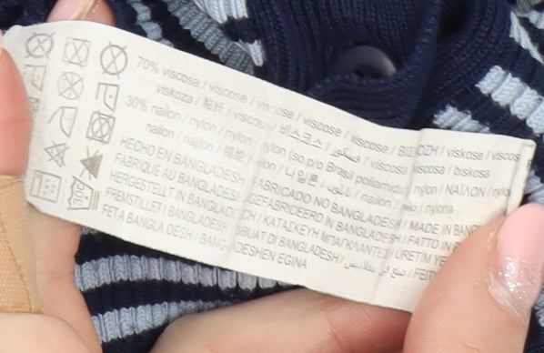 Pull&Bear Women's Blue Striped Cropped Button-Up Polo Top Size S