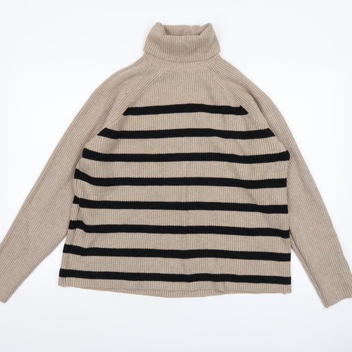 Marks and Spencer Womens Beige Black Striped Roll Neck Jumper Size L