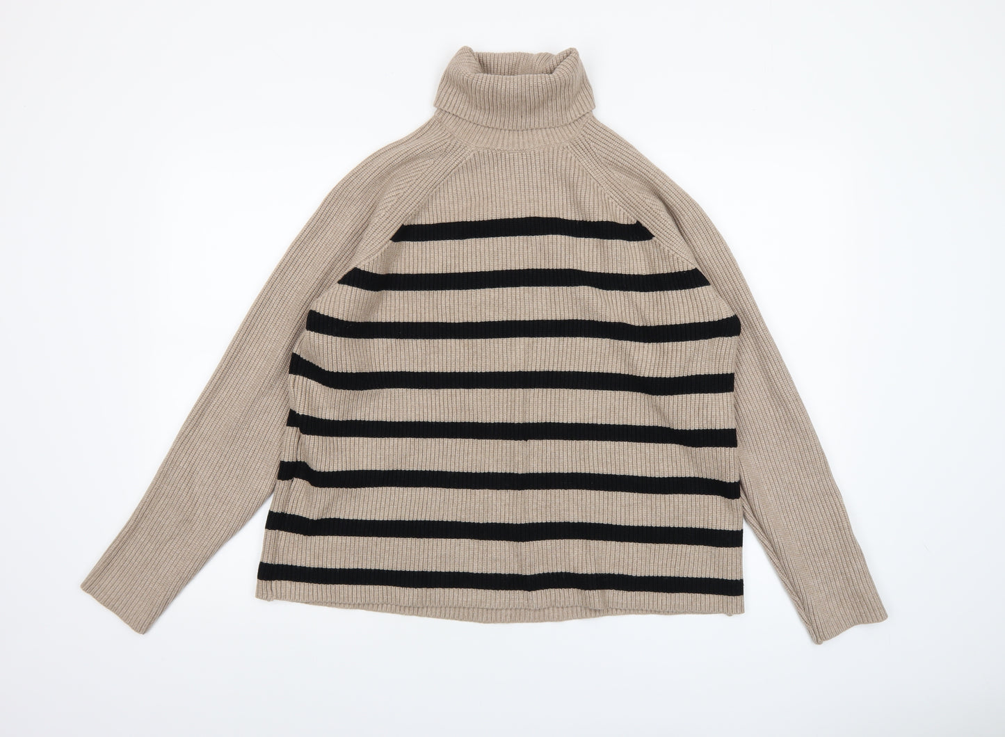 Marks and Spencer Womens Beige Black Striped Roll Neck Jumper Size L