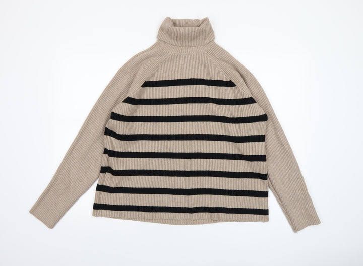 Marks and Spencer Womens Beige Black Striped Roll Neck Jumper Size L