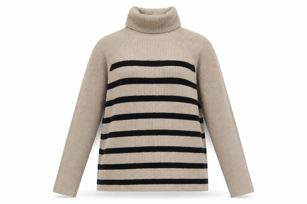 Front view of Marks & Spencer women’s beige black striped roll neck jumper, size L