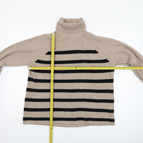 Marks and Spencer Womens Beige Black Striped Roll Neck Jumper Size L
