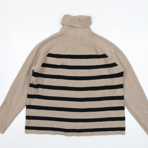 Marks and Spencer Womens Beige Black Striped Roll Neck Jumper Size L