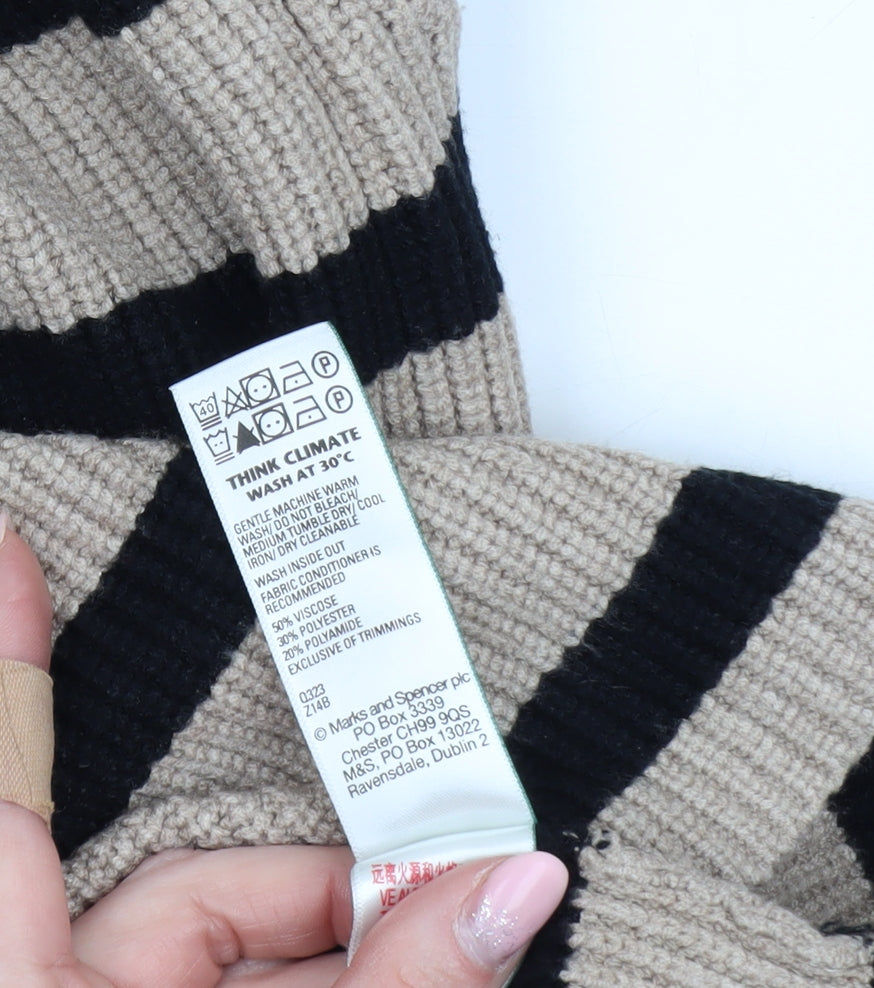 Marks and Spencer Womens Beige Black Striped Roll Neck Jumper Size L