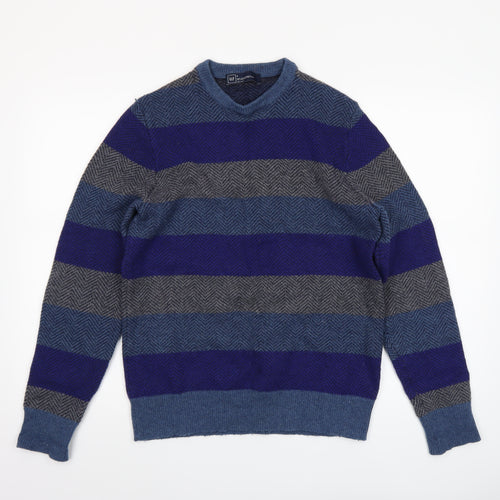 GAP Men Blue Grey Striped Lambswool V-Neck Jumper Size S