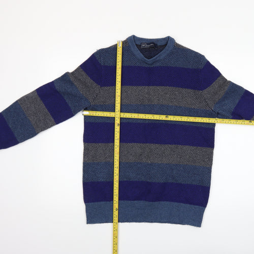 GAP Men Blue Grey Striped Lambswool V-Neck Jumper Size S
