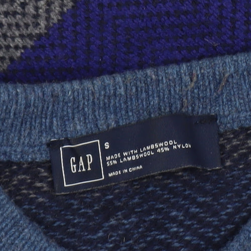 GAP Men Blue Grey Striped Lambswool V-Neck Jumper Size S
