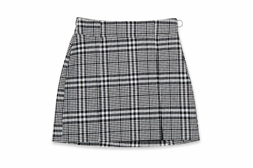 Front view of Bershka Women Black Check A-Line Short Skirt, size M